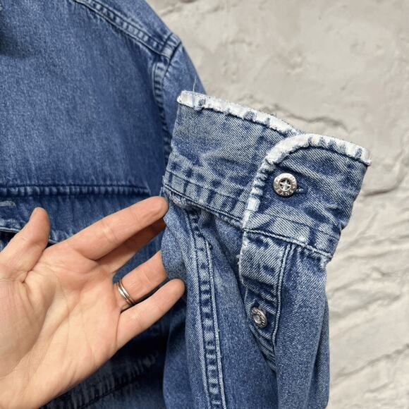 Tommy Hilfiger Blue Denim Long Sleeve Shirt Jean Distressed Faded Vintage 90s - Picture 8 of 14